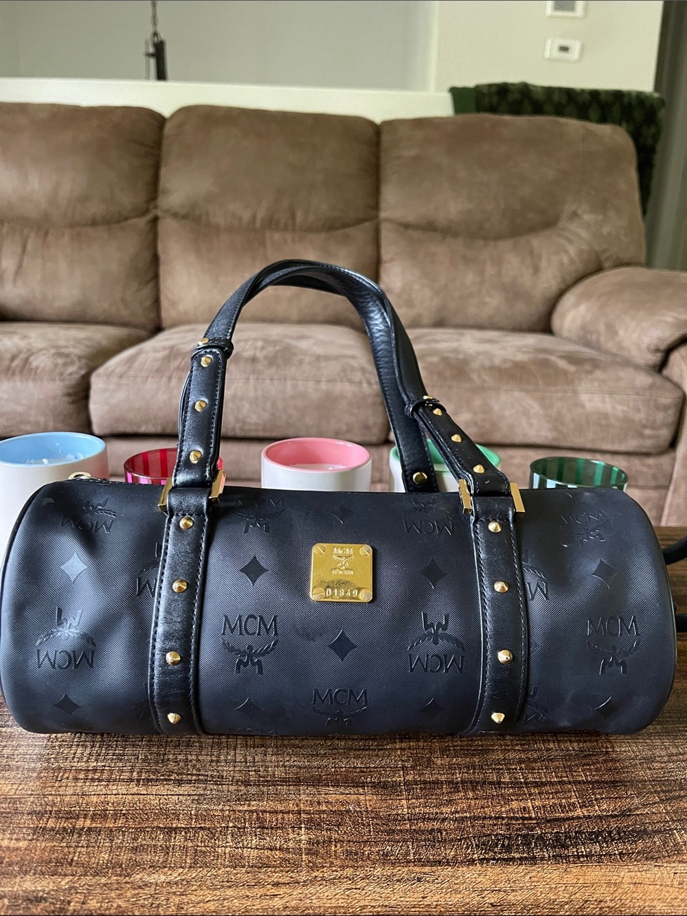 MCM Monogram Black Barrel Studded Satchel with Gold Hardware